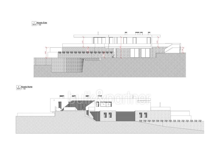 Moderne Neubau Luxusvilla mit Meerblick in Moraira Portichol - Grundriss Fassade - ID: 5500656 - Architekt Joaquín Lloret