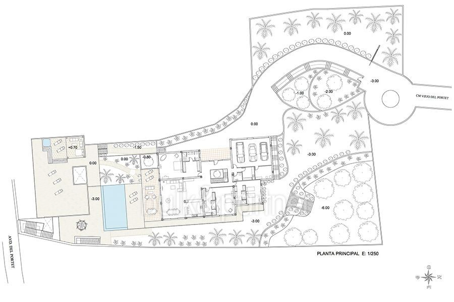 Neubau Luxusvilla direkt am Meer in Moraira El Portet - Grundriss Erdgeschoss und Garten - ID: 5500657 - Architekt Joaquín Lloret