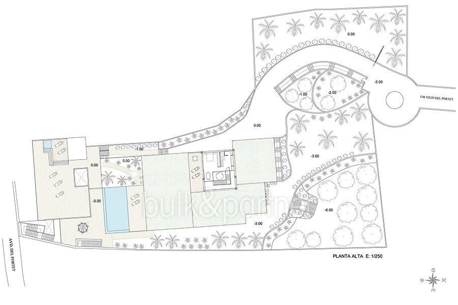 New build sea front luxuy villa in Moraira El Portet - Floor plan Upper floor / Garden - ID: 5500657 - Architect Joaquín Lloret