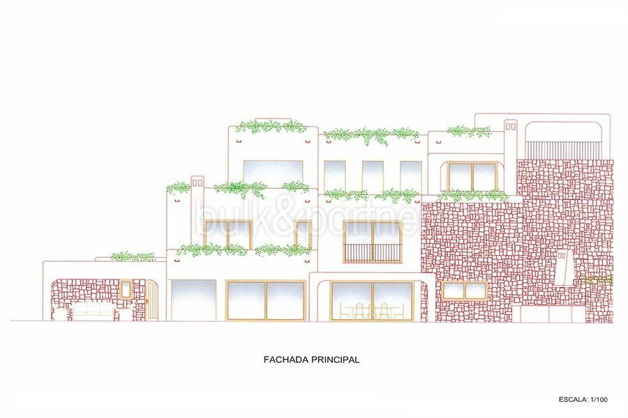 Nueva villa de lujo estilo ibiza en Moraira El Portet - Plano fachada principal - ID: 5500011 - Arquitecto Joaquín Lloret