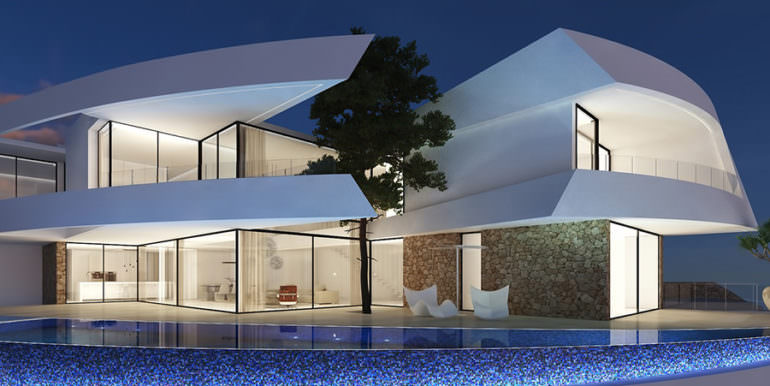 Design villa with sea views in Altéa Hills - Villa and Pool terrace by night illuminated - ID: 5500667 - Architect Ramón Gandia Brull (RGB Arquitectos)