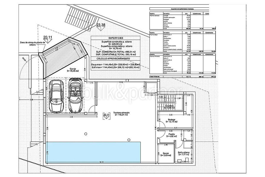 First line luxury villa in Benissa Cala Advocat - Floor plan basement with indoor pool and garage - ID: 5500674