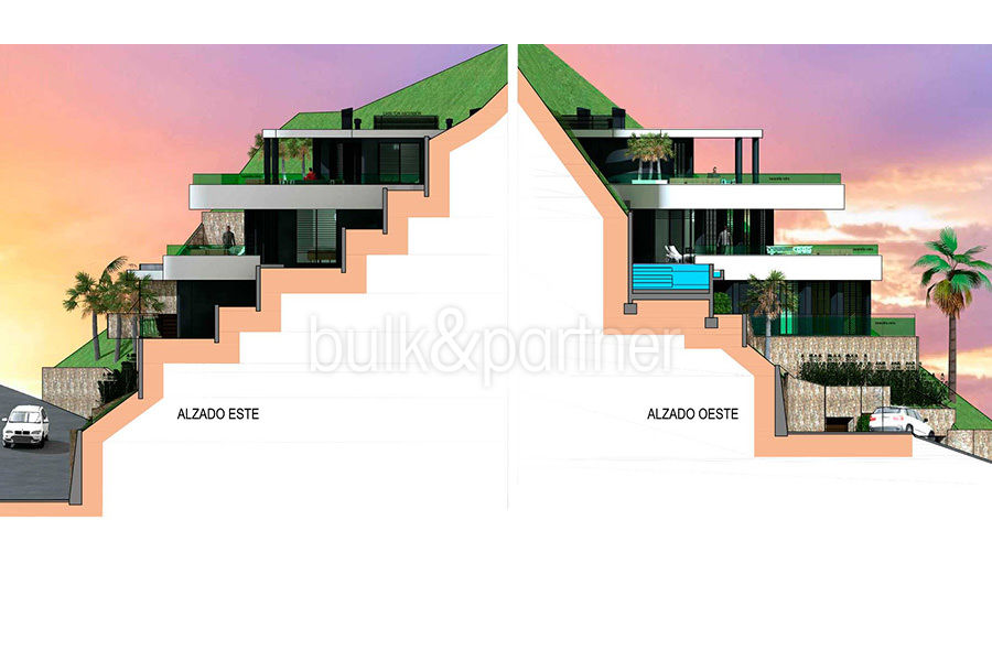 Luxus Immobilie in erster Meeresline in Jávea Ambolo - Grundriss Ost- und Westansicht - ID: 5500672 - Architekt POM Architectos