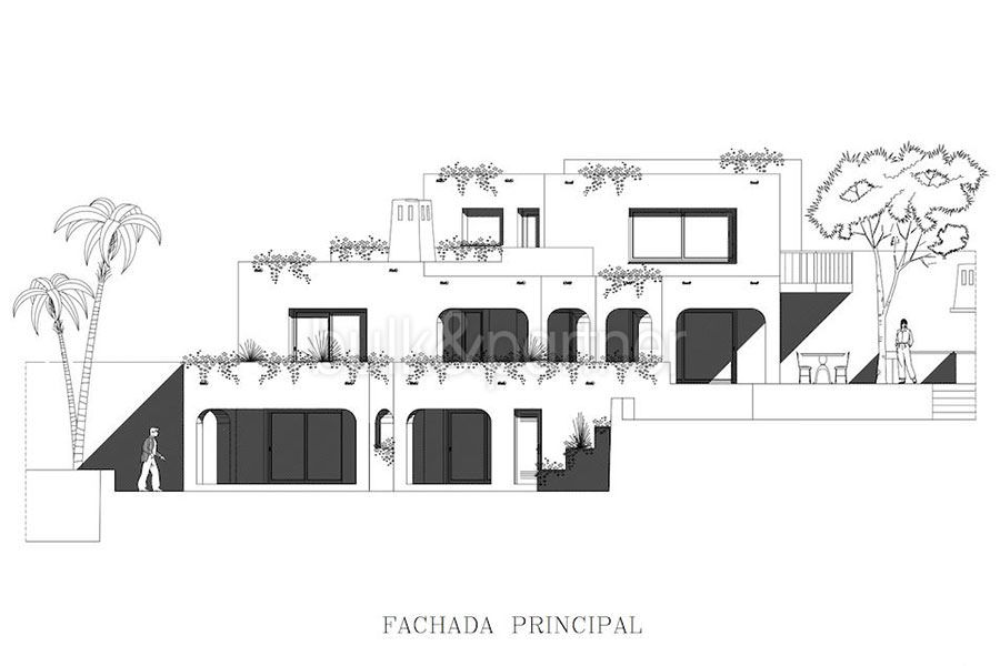 Hervorragende Luxusvilla in bester Lage in Moraira El Portet/Cap d'Or - Grundriss Haupt Fassade - ID: 5500689 - Architekt Joaquín Lloret