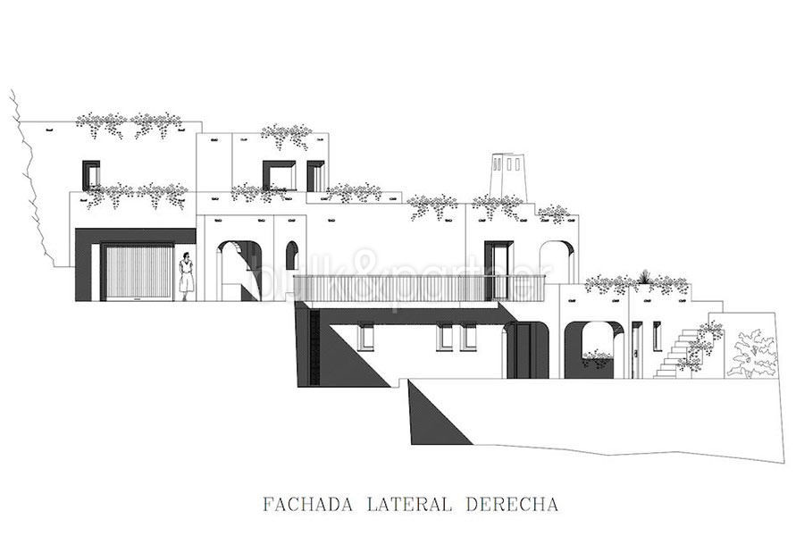 Hervorragende Luxusvilla in bester Lage in Moraira El Portet/Cap d'Or - Grundriss Seitenfassade rechts - ID: 5500689 - Architekt Joaquín Lloret