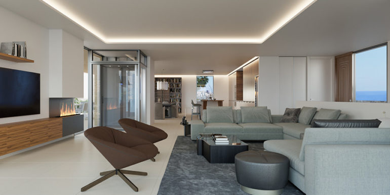 Moderne Luxusvilla mit fantastischem Meerblick in Moraira El Portet - Wohnbereich mit Kamin und Glasaufzug - ID: 5500696