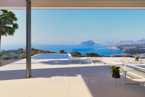 Moderne Luxusvilla mit fantastischem Meerblick in Moraira El Portet - Pool und Poolterrasse mit Meerblick - ID: 5500696