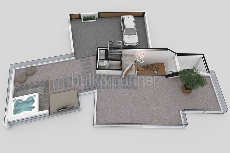 Moderne Villa mit unschlagbarem Meerblick in Altéa Hills - 3D Plan Eingang und Chill-Out-Zone mit Whirlpool - ID: 5500666 - Architekt Ramón Gandia Brull (RGB Arquitectos)