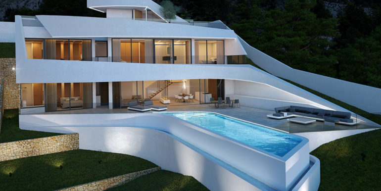 Modern villa with unbeatable sea views in Altéa Hills - Villa and pool terrasse by night illuminated - ID: 5500666 - Architect Ramón Gandia Brull (RGB Arquitectos)