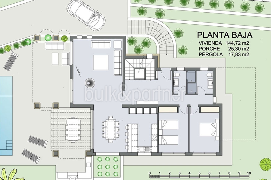 Villa de lujo de estilo ibicenco en Moraira El Portet - Plano planta baja - ID: 55007005500001 - Arquitecto Joaquín Lloret