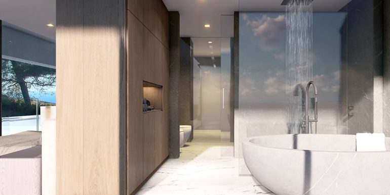 Design-Luxusvilla mit Meerblick in Moraira El Portet - Hauptbadezimmer mit Dusche und freistehender Badewanne - ID: 5500702
