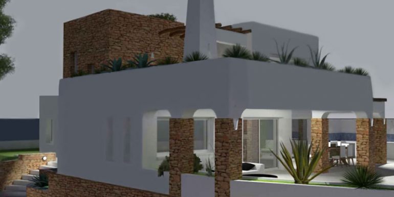 Villa de lujo de estilo ibicenco en Moraira El Portet - Garaje y vista lateral iluminados - ID: 55007005500001 - Arquitecto Joaquín Lloret