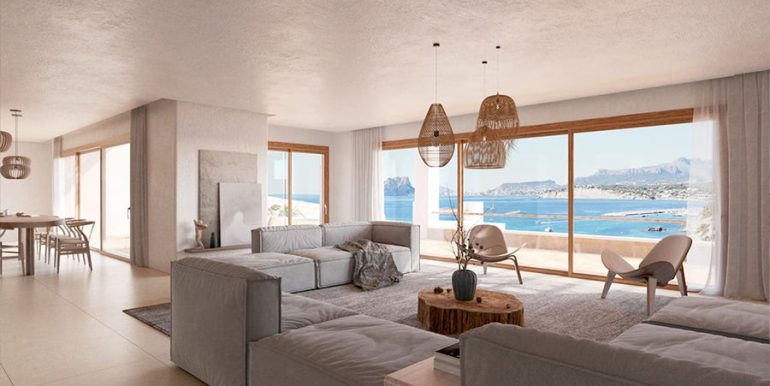 Project for an Ibiza style villa in a prime location with sea views in Moraira El Portet - Living and dining area with amazing sea views - ID: 5500704