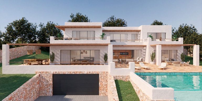 Project for an Ibiza style villa in a prime location with sea views in Moraira El Portet - Villa and garages driveway - ID: 5500704